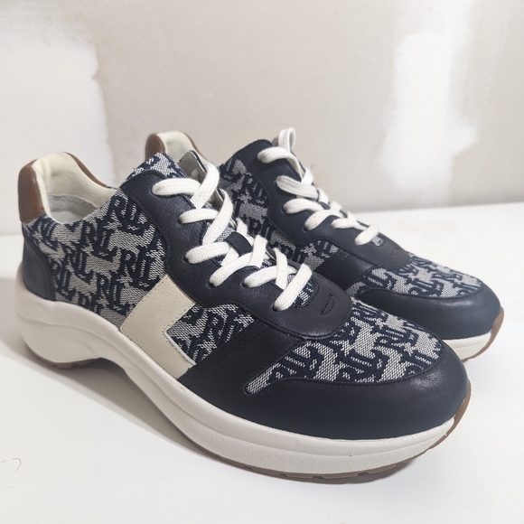 Lauren Ralph Lauren Rylee Monogram Jacquard Sneakers Sz 8.5 US 40 EUR - Picture 1 of 7